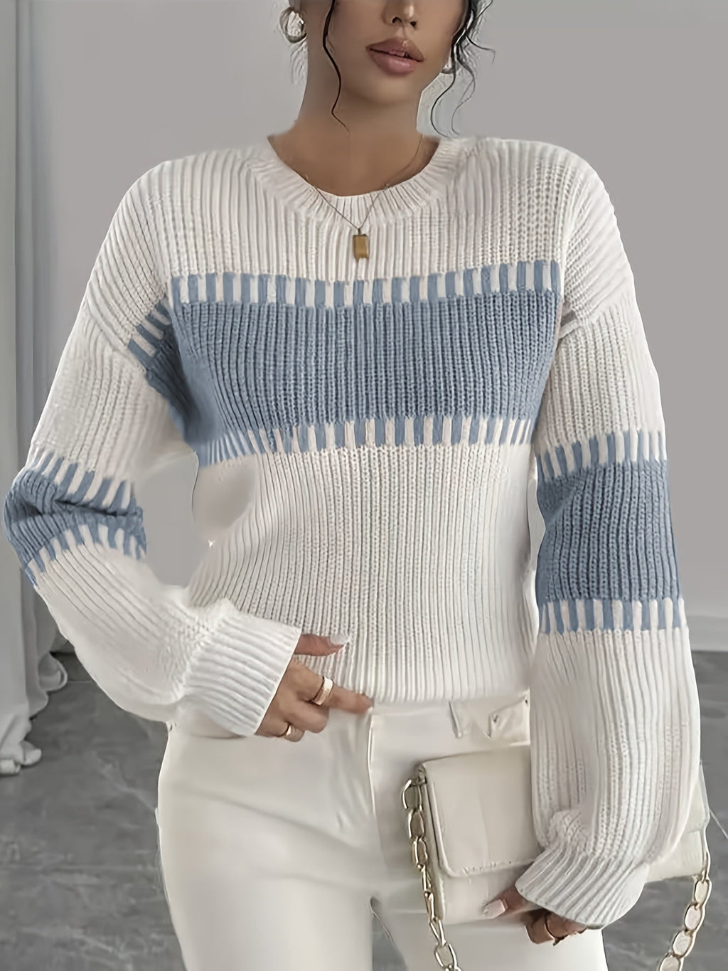 Colour-Block Striped Sweater with Relaxed Fit and Drop-Shoulder Design