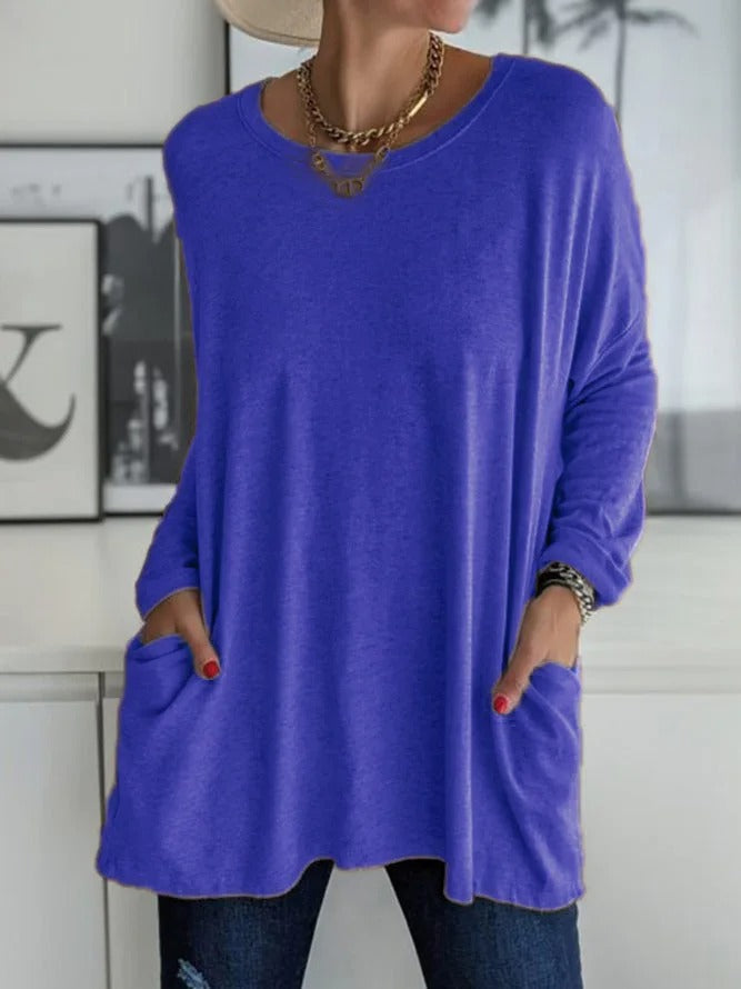 Women's Long Sleeve Shirt with Crew Neck and Side Pockets