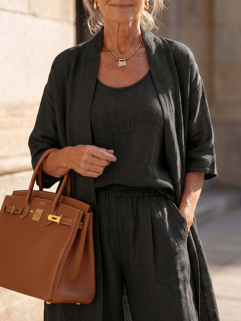 Three Piece Relaxed Top and Wide Leg Pant Set