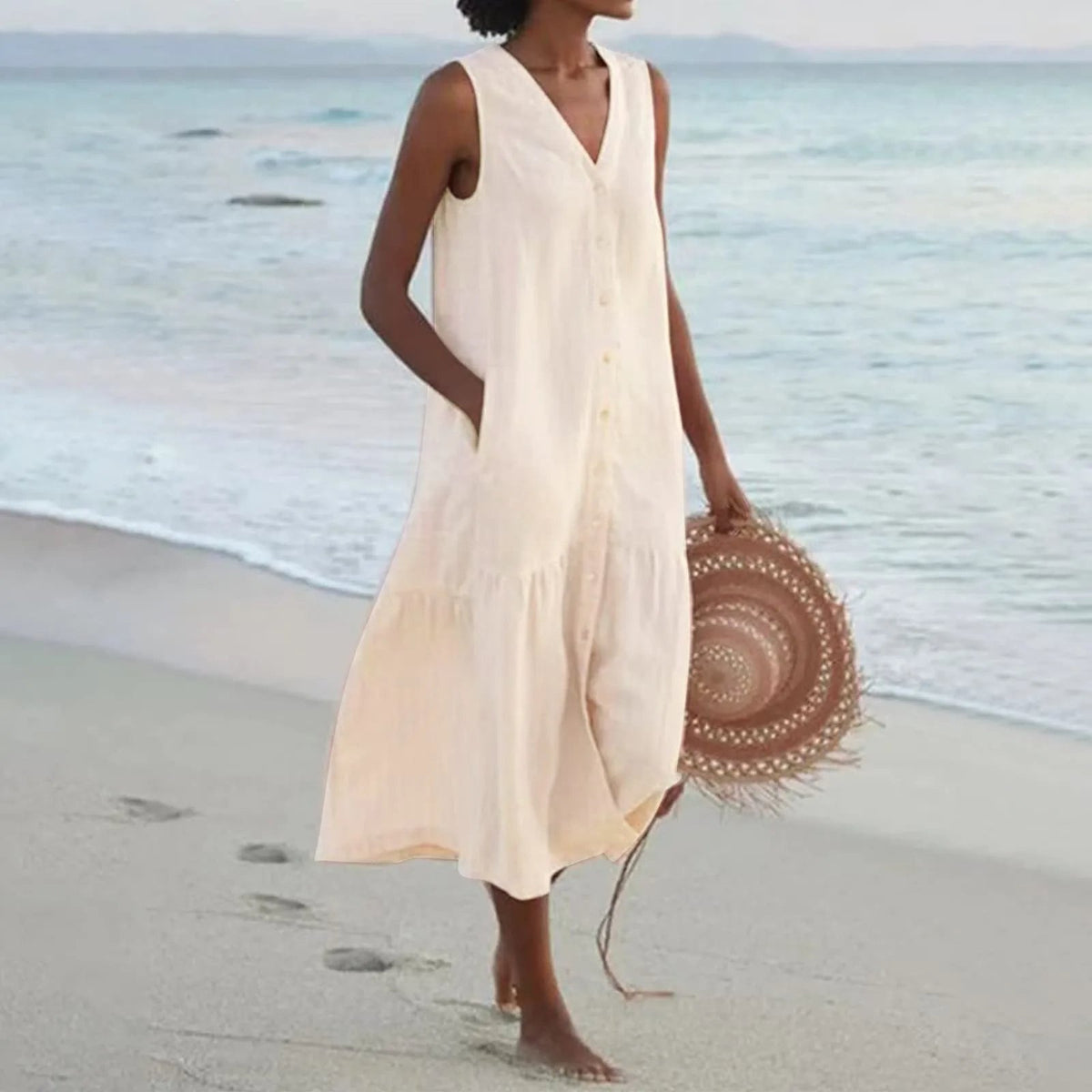 Elegant V-Neck Summer Dress for Women with Flowing Cut and Timeless Style