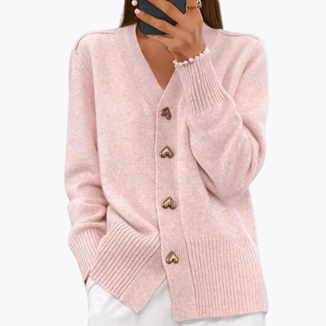 Women’s Knit Cardigan with Heart-Shaped Buttons and Long Sleeves for All-Season Layering