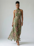 Gathered Halter Neck Floral Midi Dress