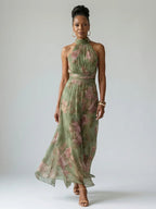 Gathered Halter Neck Floral Midi Dress