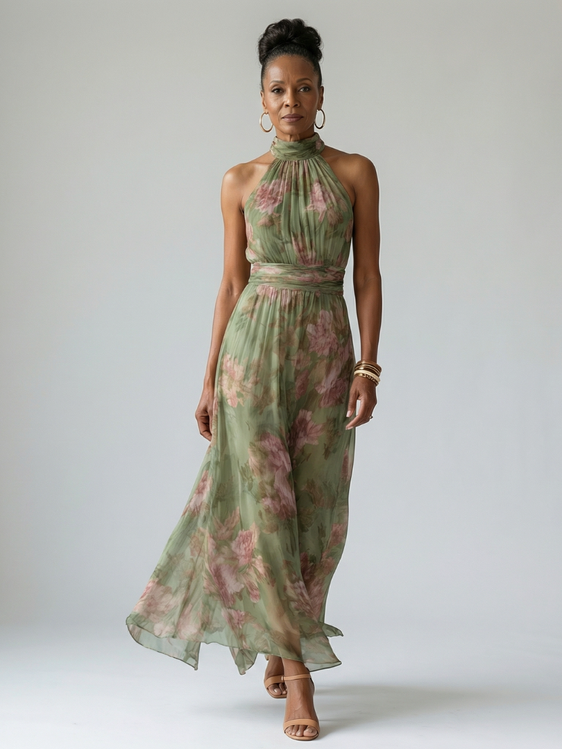 Gathered Halter Neck Midi Dress in Floral Print