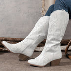 Knee-High Women's Cowboy Boots with Block Heel and Embroidered Detail