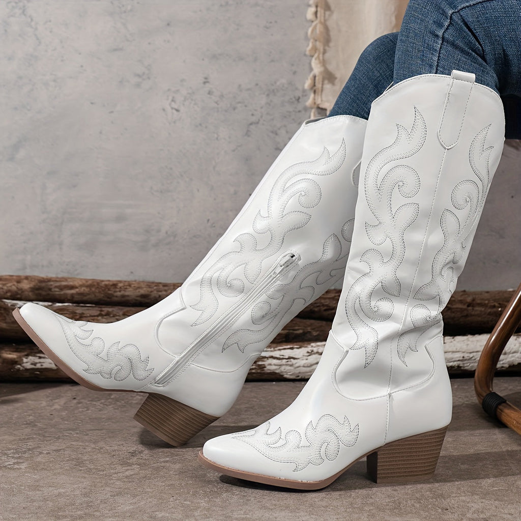 Knee-High Women's Cowboy Boots with Block Heel and Embroidered Detail
