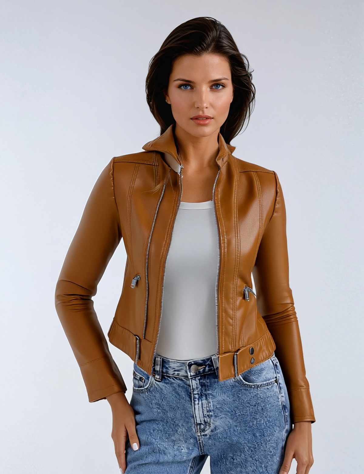 Short PU Leather Biker Jacket for Women with Zipper Pockets and Adjustable Hem