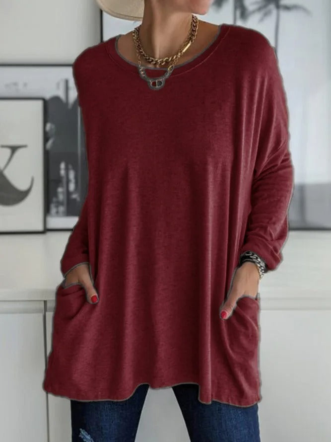 Women's Long Sleeve Shirt with Crew Neck and Side Pockets