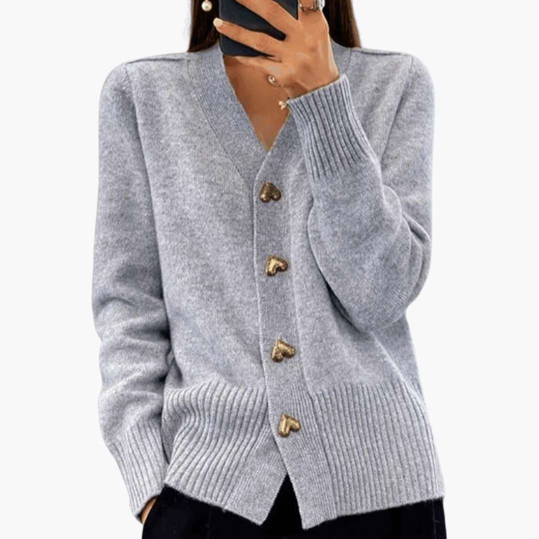 Women’s Knit Cardigan with Heart-Shaped Buttons and Long Sleeves for All-Season Layering