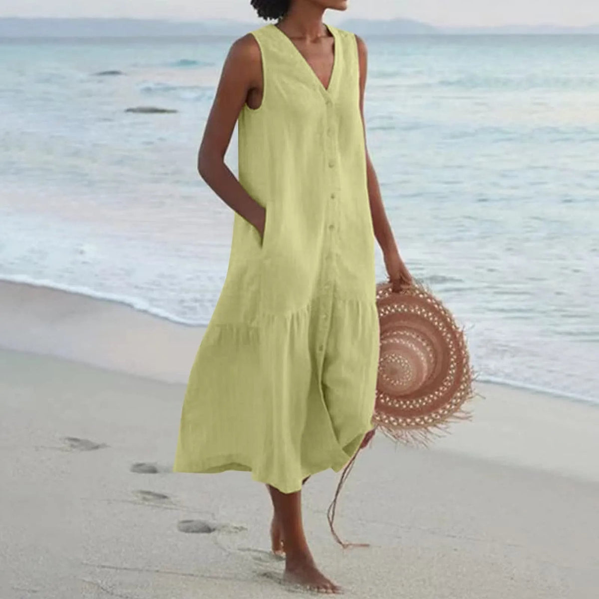 Elegant V-Neck Summer Dress for Women with Flowing Cut and Timeless Style