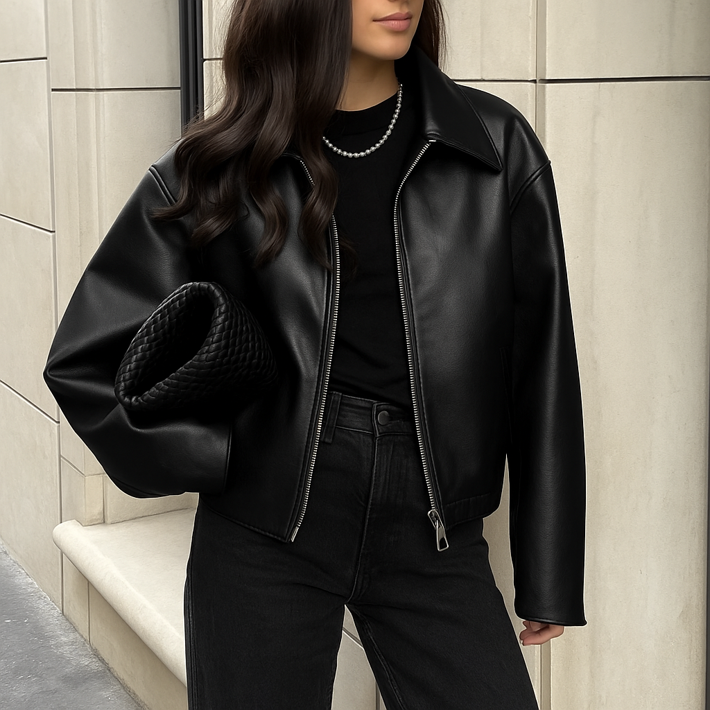 Faux Leather Bomber Jacket for Women – Oversized Fit with Classic Collar and Zip Closure