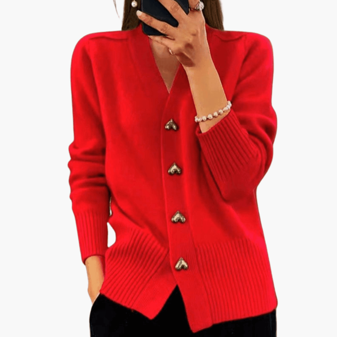 Women’s Knit Cardigan with Heart-Shaped Buttons and Long Sleeves for All-Season Layering