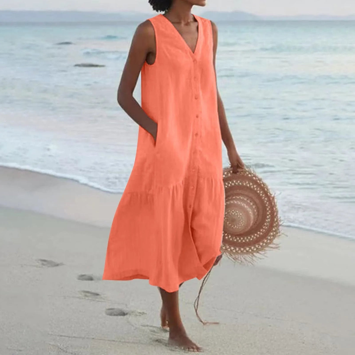 Elegant V-Neck Summer Dress for Women with Flowing Cut and Timeless Style