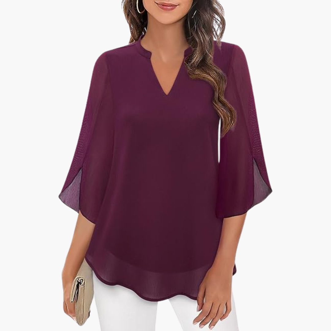 V-Neck Relaxed Fit Blouse with Flowing Sleeves for Women