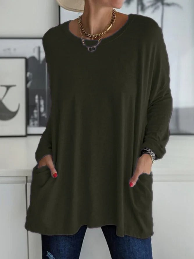 Women's Long Sleeve Shirt with Crew Neck and Side Pockets