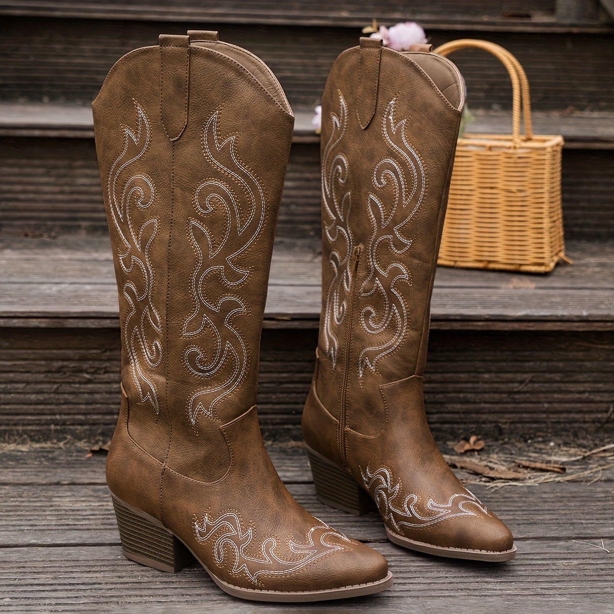 Knee-High Women's Cowboy Boots with Block Heel and Embroidered Detail