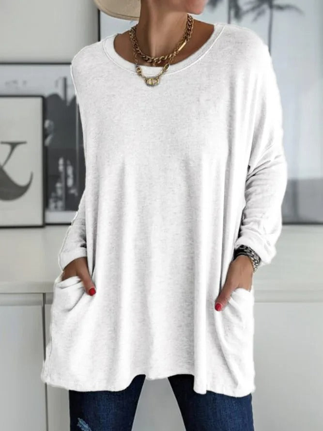 Women's Long Sleeve Shirt with Crew Neck and Side Pockets