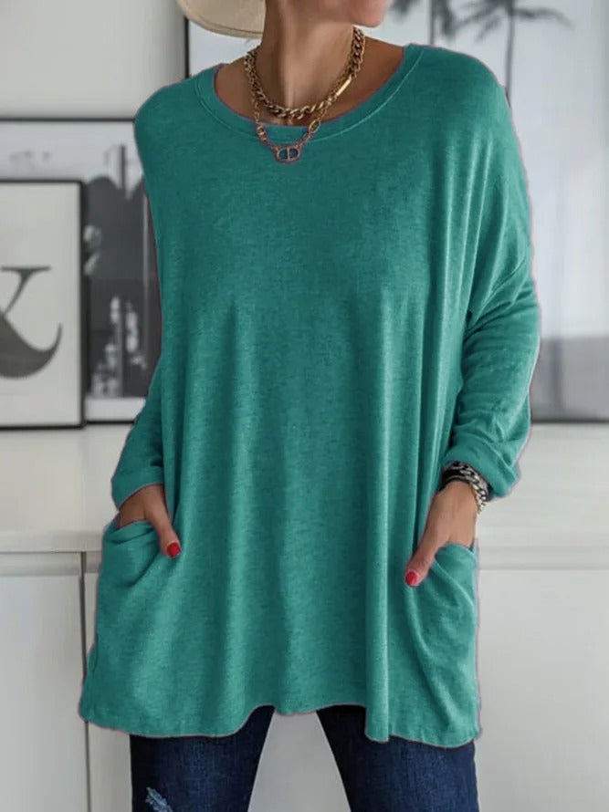 Women's Long Sleeve Shirt with Crew Neck and Side Pockets