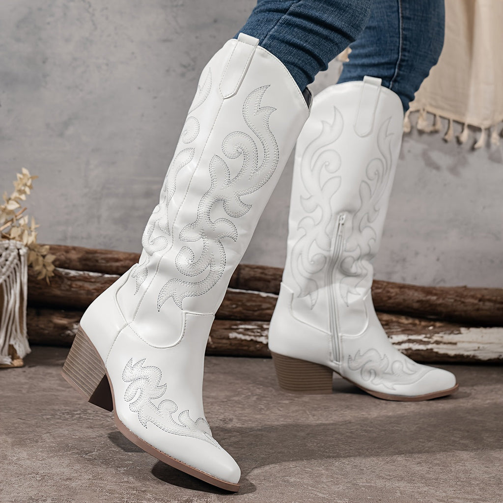 Knee-High Women's Cowboy Boots with Block Heel and Embroidered Detail
