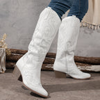 Knee-High Women's Cowboy Boots with Block Heel and Embroidered Detail