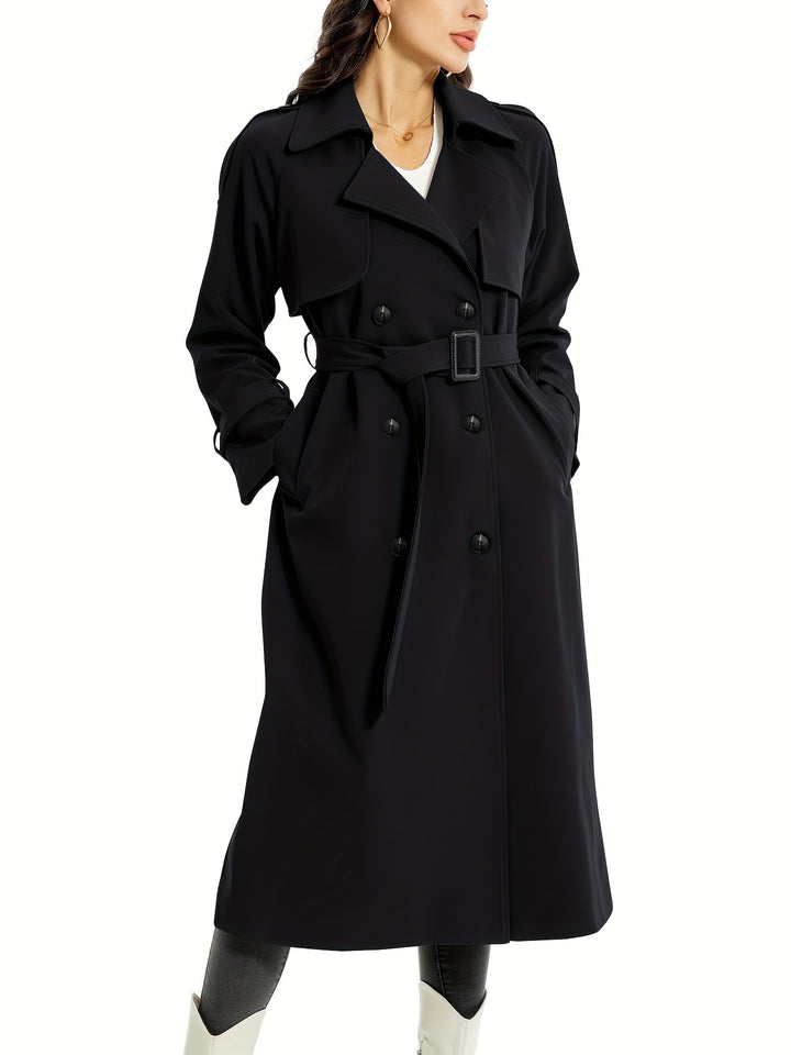 Women's Classic Double Breasted Long Trench Coat with Belt and Pockets