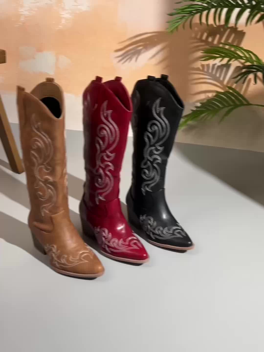 Knee-High Women's Cowboy Boots with Block Heel and Embroidered Detail