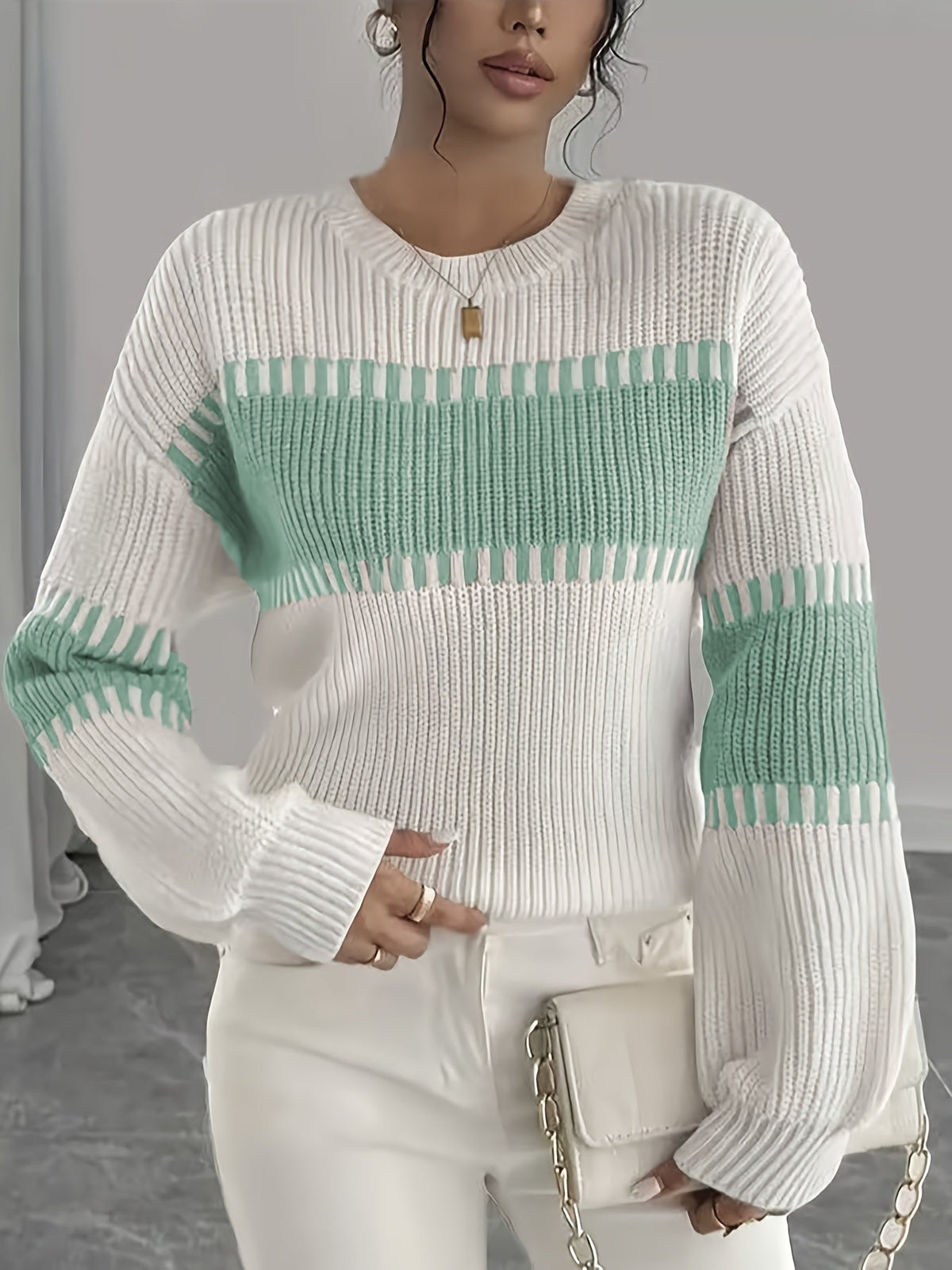 Colour-Block Striped Sweater with Relaxed Fit and Drop-Shoulder Design