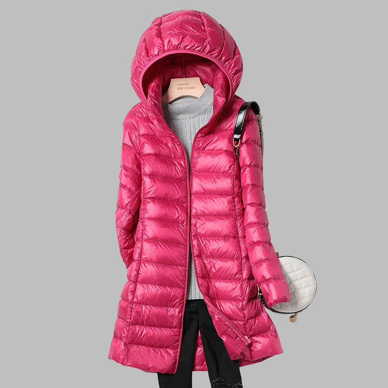 Hooded Full-Length Women's Down Jacket with Detachable Hood for Winter Warmth