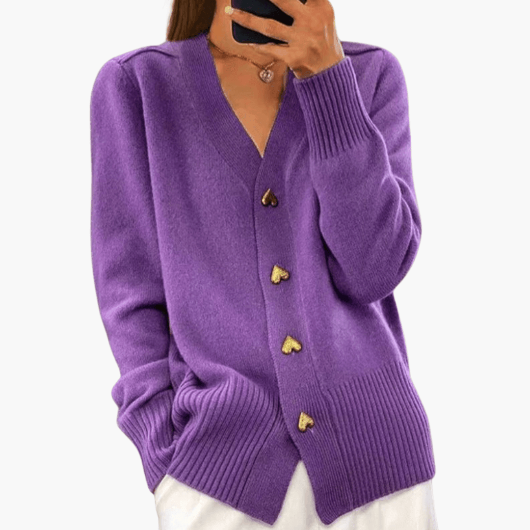 Women’s Knit Cardigan with Heart-Shaped Buttons and Long Sleeves for All-Season Layering