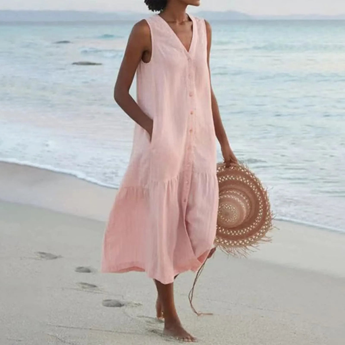 Elegant V-Neck Summer Dress for Women with Flowing Cut and Timeless Style