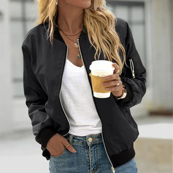 Women's Bomber Jacket with Zip Front and Ribbed Trim