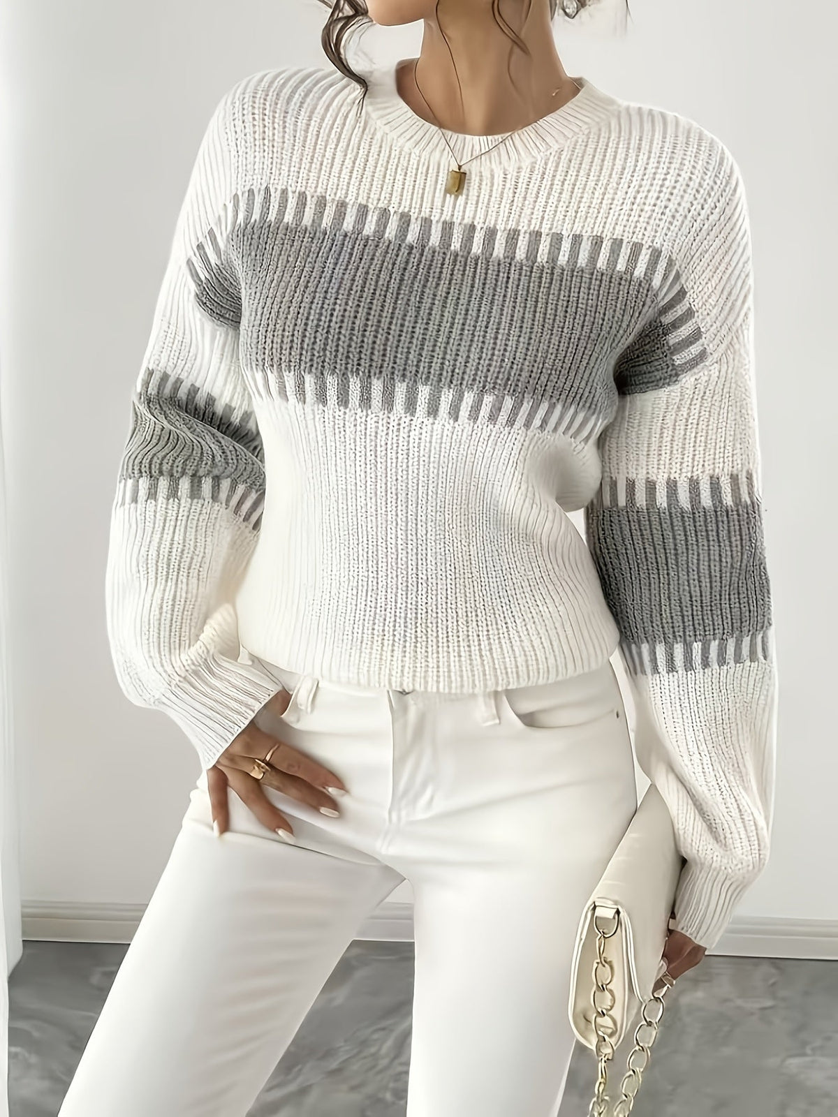 Colour-Block Striped Sweater with Relaxed Fit and Drop-Shoulder Design