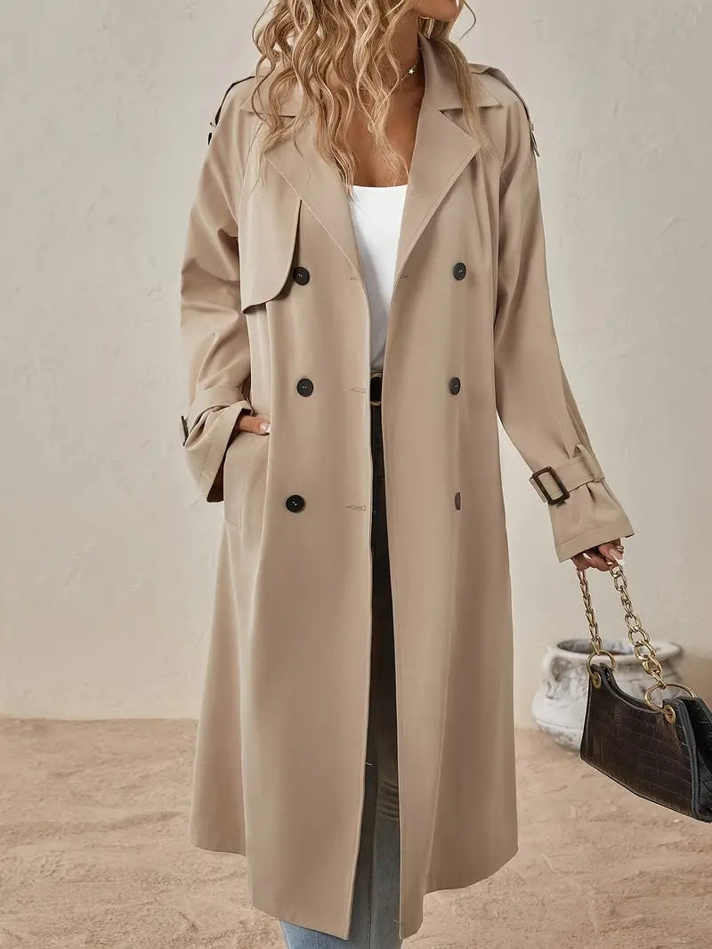 Double-Breasted Long Trench Coat with Adjustable Belt and Cuff Straps