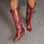 Knee-High Women's Cowboy Boots with Block Heel and Embroidered Detail