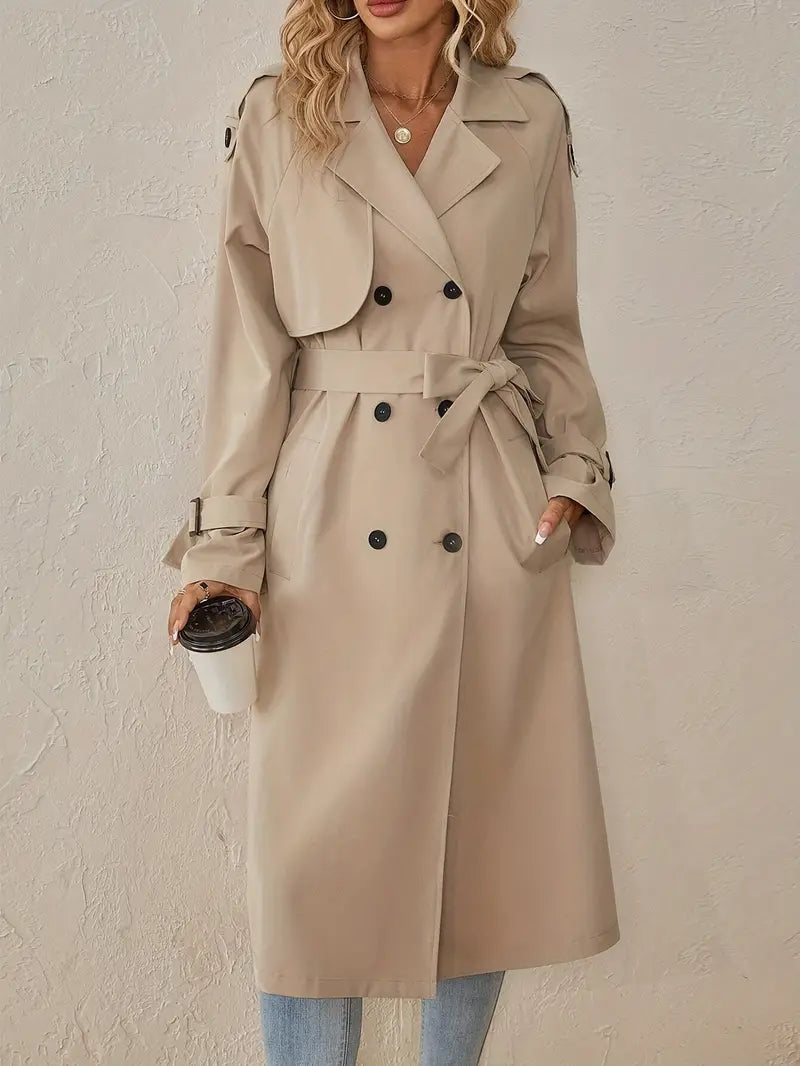 Double-Breasted Long Trench Coat with Adjustable Belt and Cuff Straps