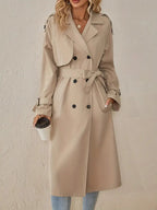 Double-Breasted Long Trench Coat with Adjustable Belt and Cuff Straps