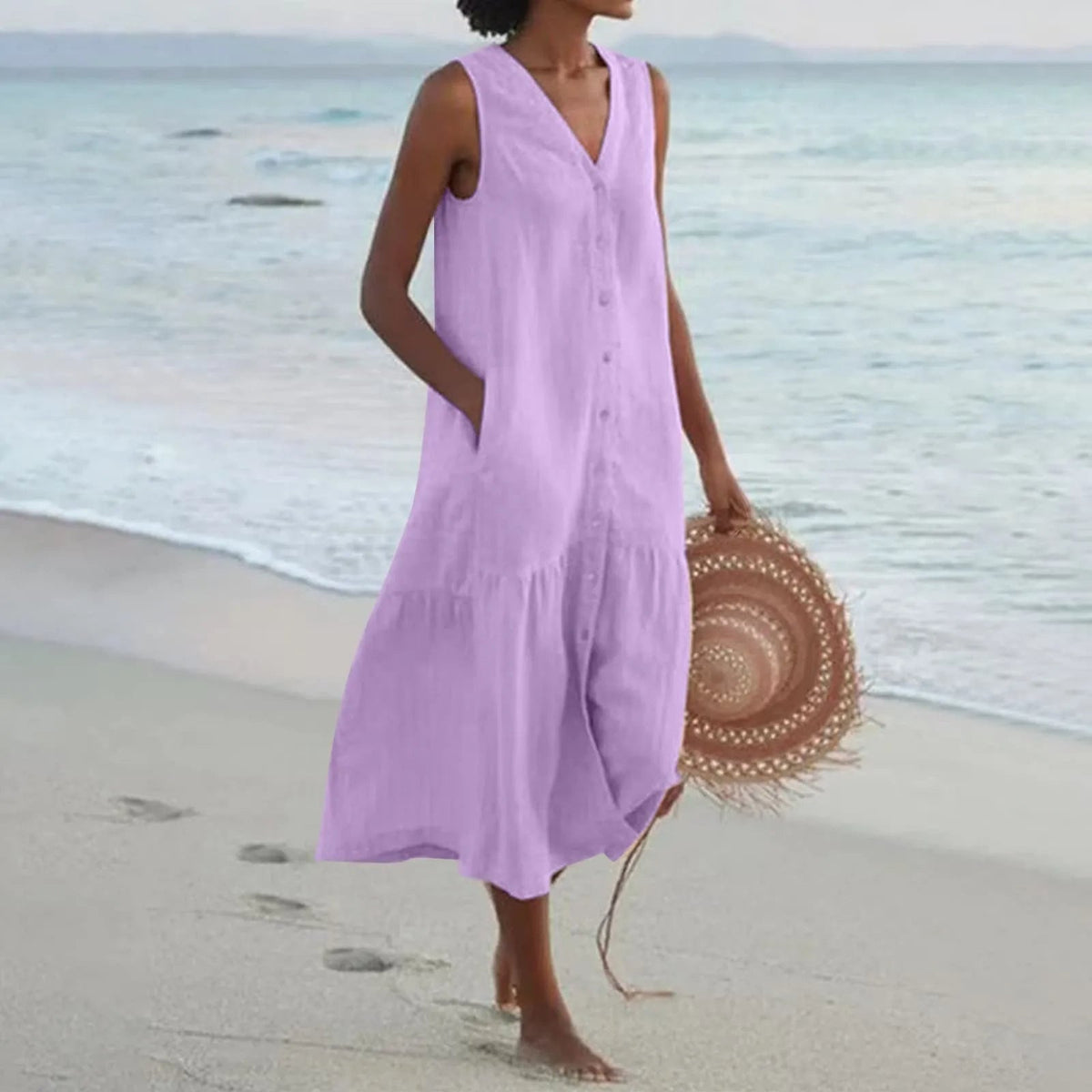 Elegant V-Neck Summer Dress for Women with Flowing Cut and Timeless Style