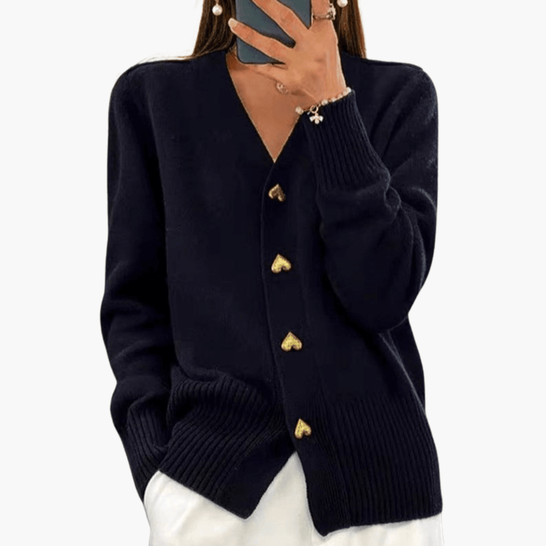 Women’s Knit Cardigan with Heart-Shaped Buttons and Long Sleeves for All-Season Layering