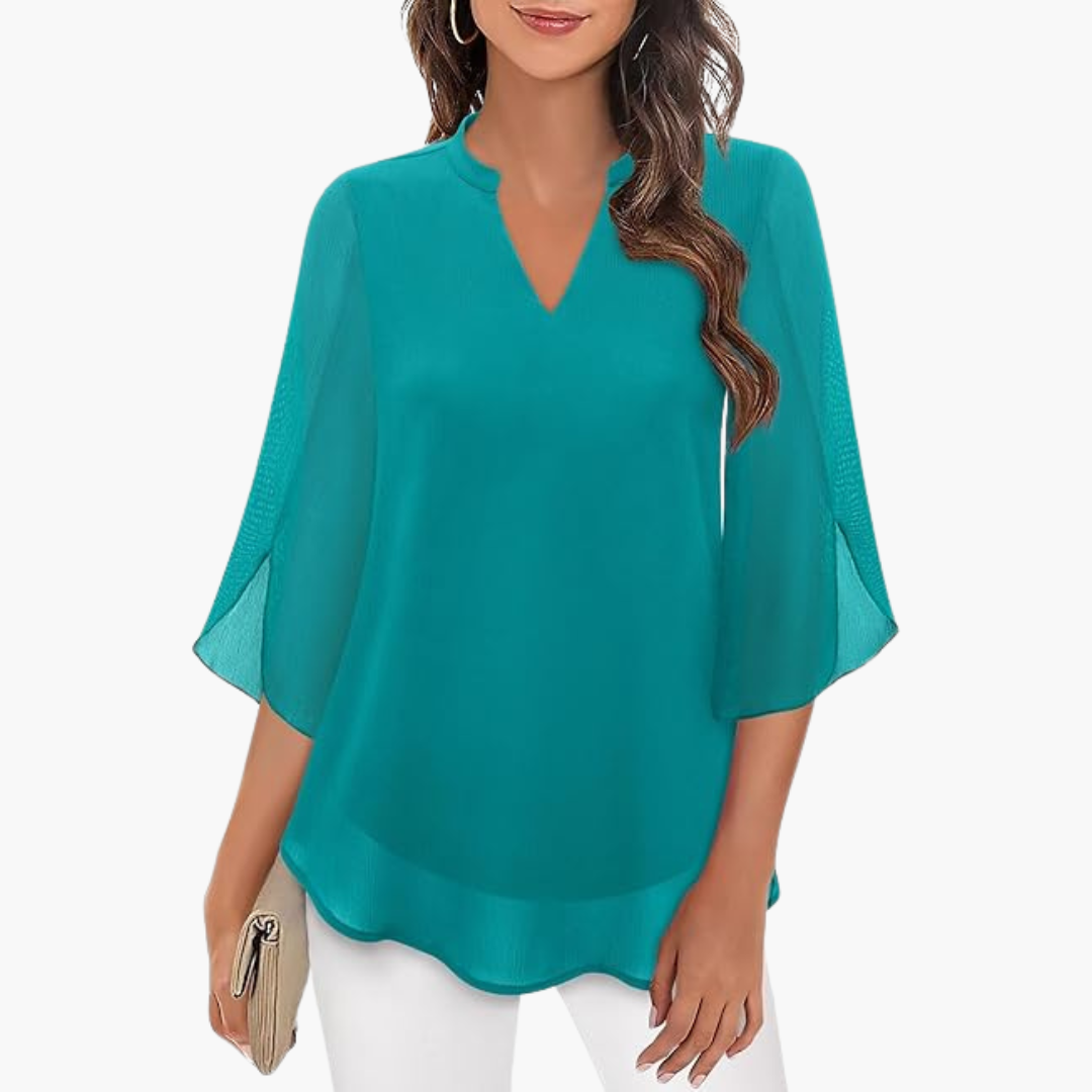 V-Neck Relaxed Fit Blouse with Flowing Sleeves for Women