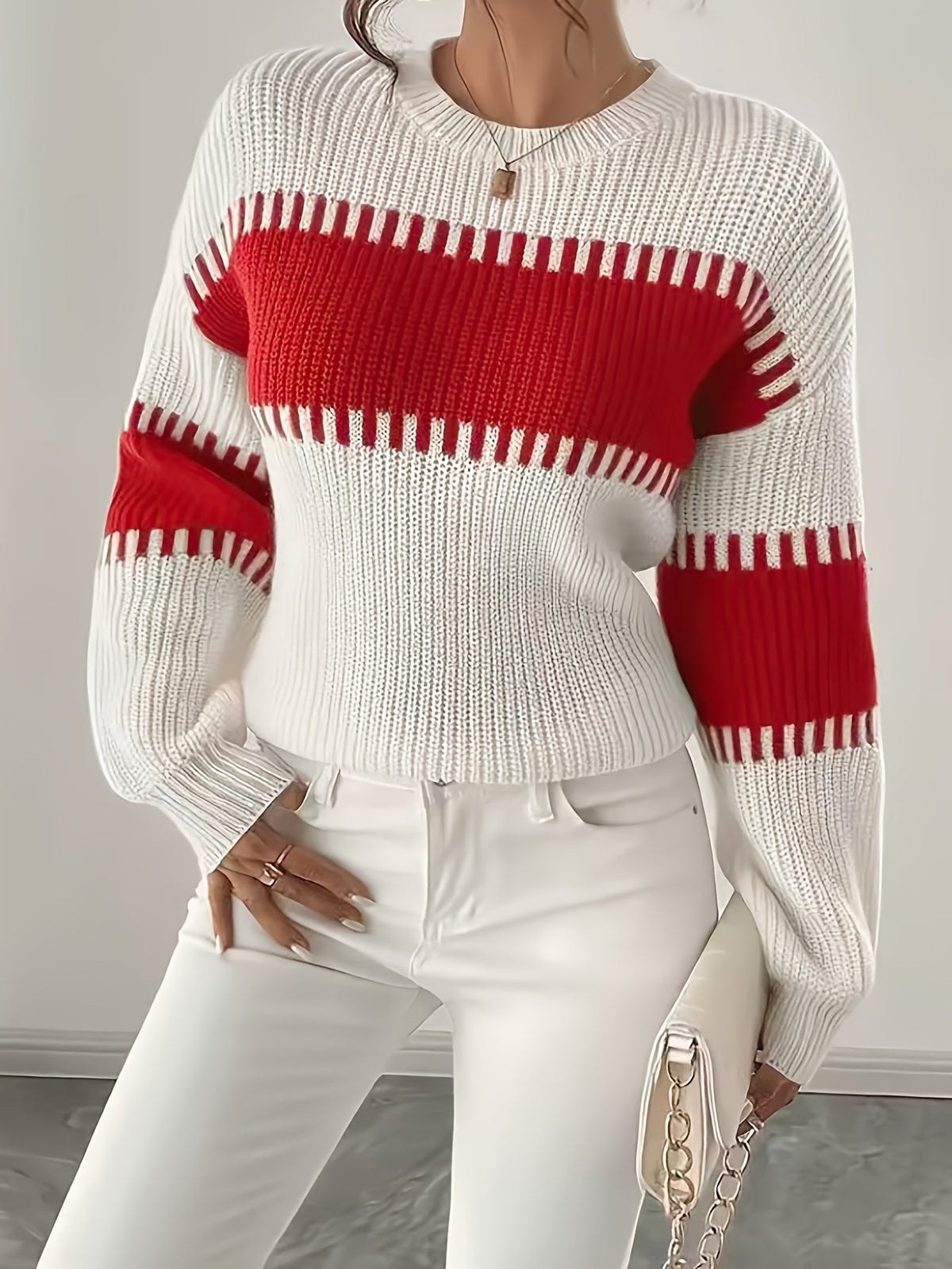 Colour-Block Striped Sweater with Relaxed Fit and Drop-Shoulder Design