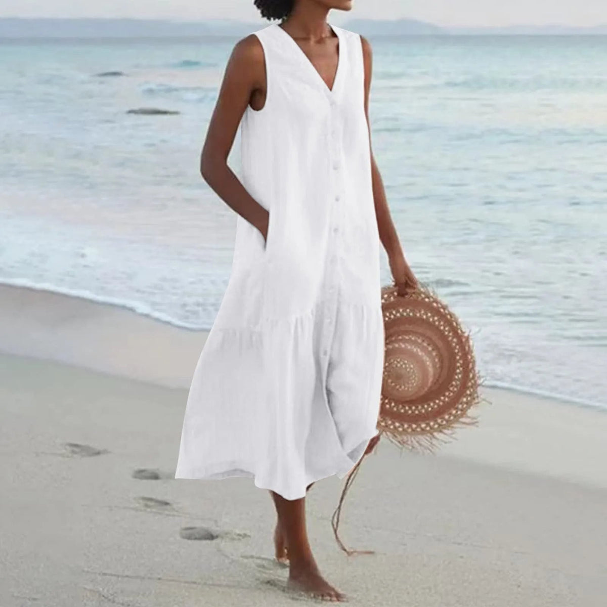 Elegant V-Neck Summer Dress for Women with Flowing Cut and Timeless Style