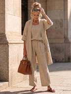 Three Piece Relaxed Top and Wide Leg Pant Set