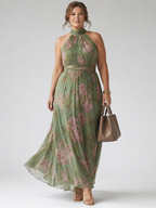 Gathered Halter Neck Midi Dress in Floral Print