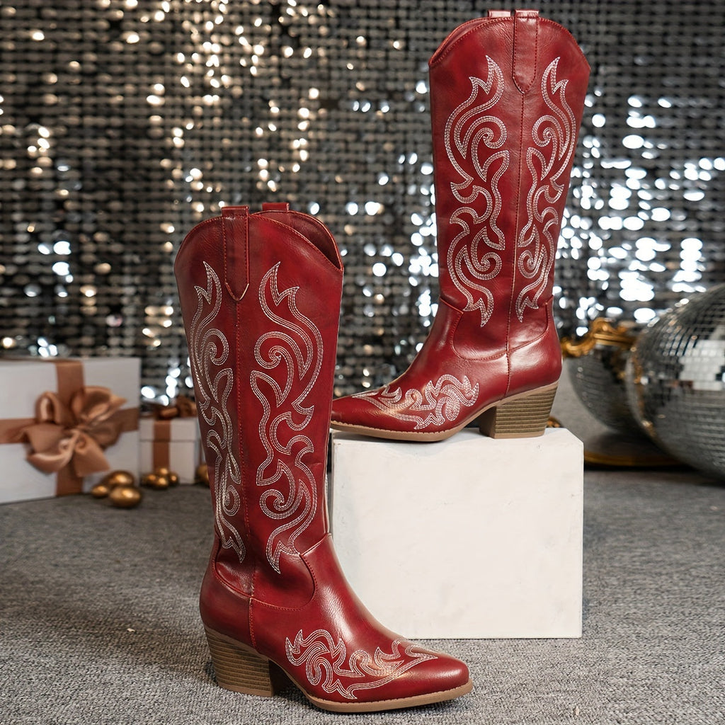 Knee-High Women's Cowboy Boots with Block Heel and Embroidered Detail