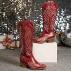 Knee-High Women's Cowboy Boots with Block Heel and Embroidered Detail