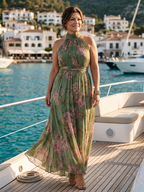Gathered Halter Neck Midi Dress in Floral Print