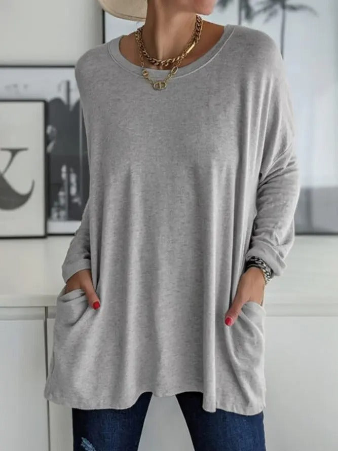 Women's Long Sleeve Shirt with Crew Neck and Side Pockets