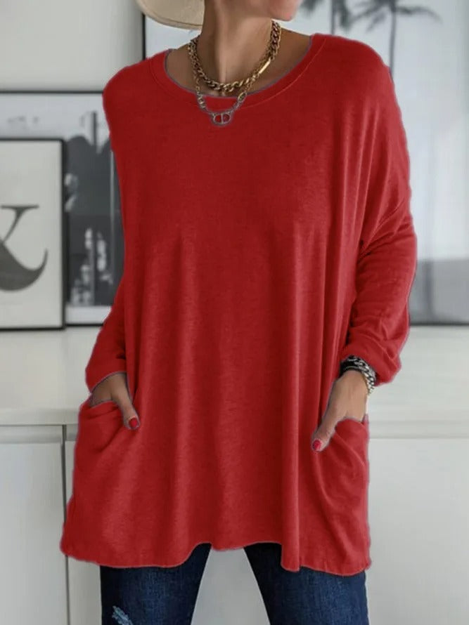 Women's Long Sleeve Shirt with Crew Neck and Side Pockets
