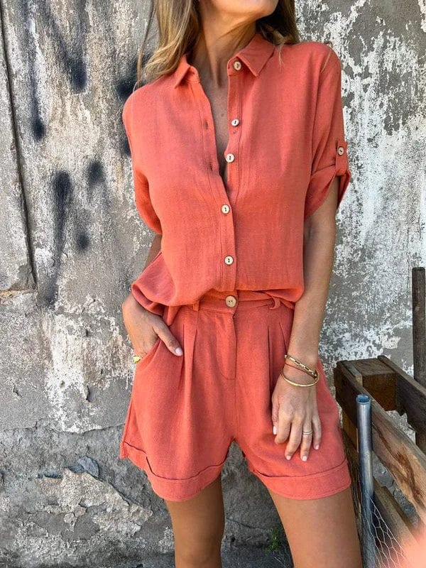 Terracotta Linen Short Jumpsuit for Women – Airy Design and Elegant Summer Style