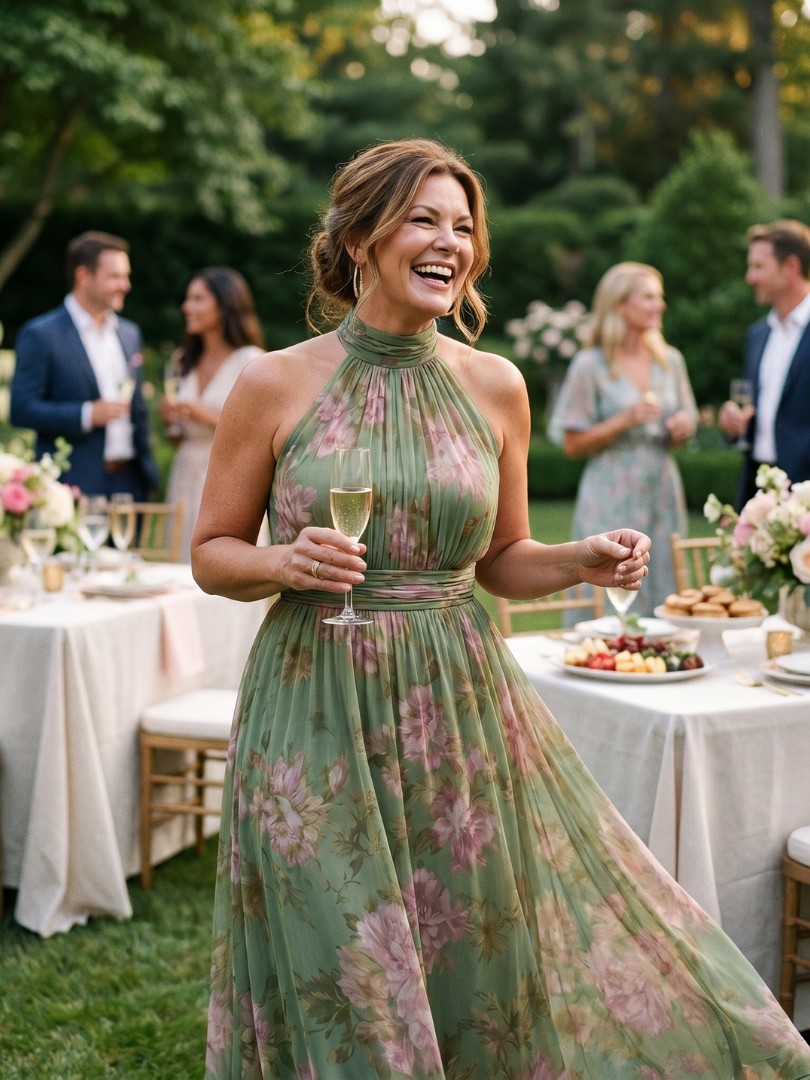 Gathered Halter Neck Midi Dress in Floral Print
